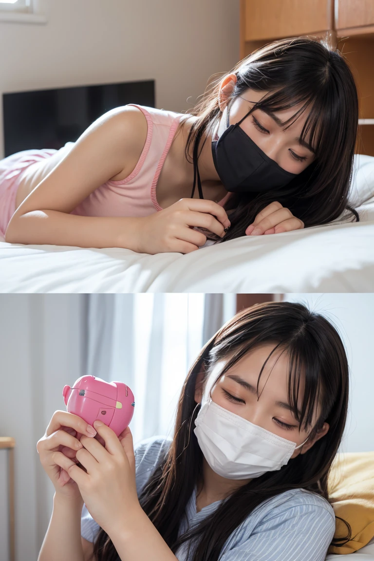 Girl with a vibrator,Holding a vibrator、、 Too big middle schooler, 15 years old, Sleeping in bed, plump, Close ~ eyes, Falling, Yawn, excited, mask,