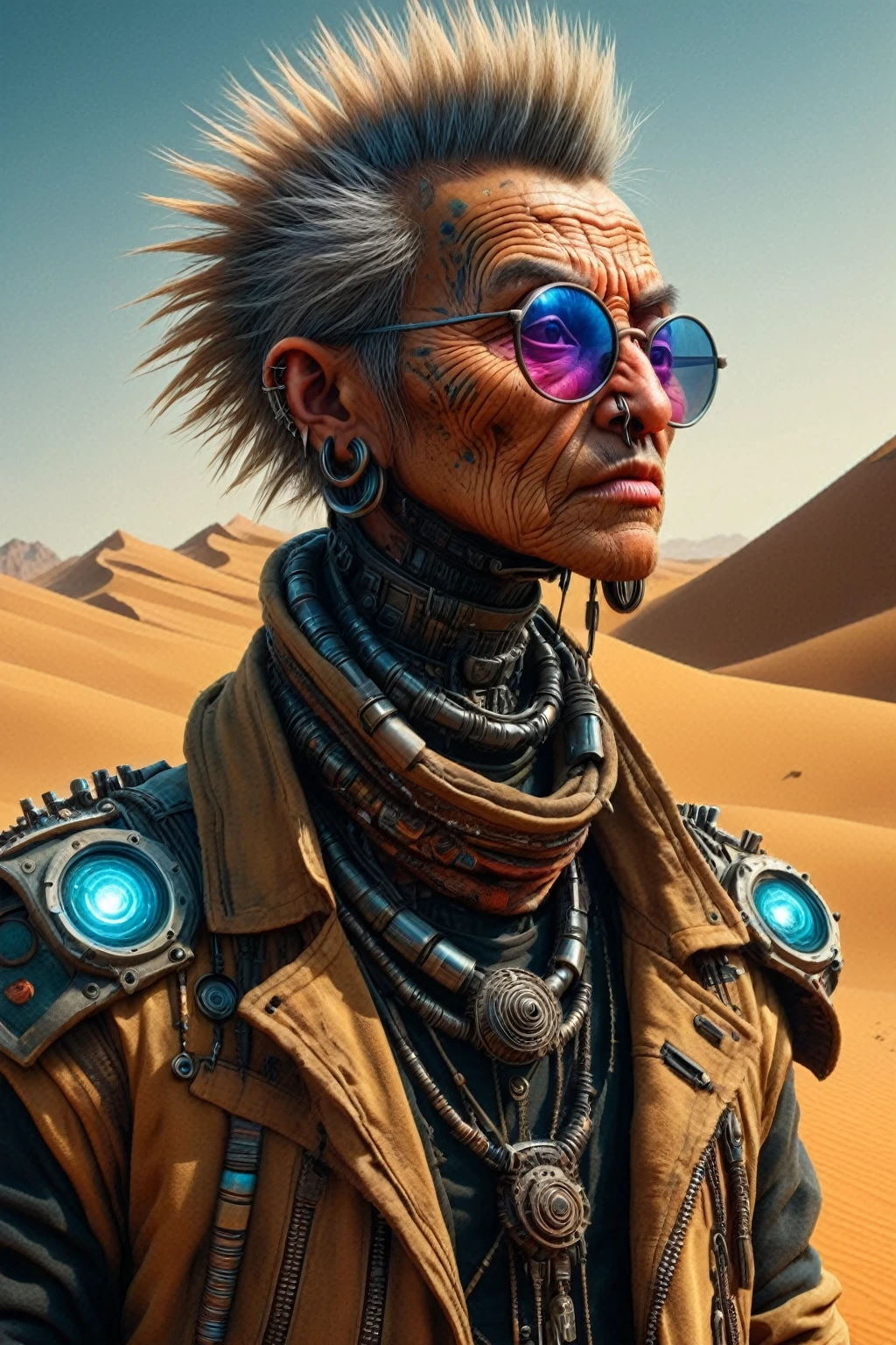 masterpiece, best quality, 8k,highestres, absurdres, extremely detailed, cyberpunk humans, nano-enhanced treatments, desert planets, asian tribes, raw photos, highly detailed, photorealistic, dramatic lighting, moody colors, sandy textures, complex machines, glowing neon, advanced technology, harsh environments, blown sand, terrain rugged, weathered structures, tribal markings, weathered clothing, glasses, youth, cybernetic implants, glowing biotechnology, complex gadgets, dystopian atmosphere