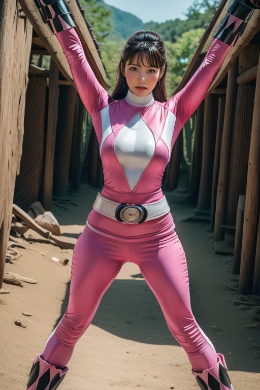 pink theme，pink ranger suit、curvy, big breats,  full body, tied on Saint Andrew's cross in X position