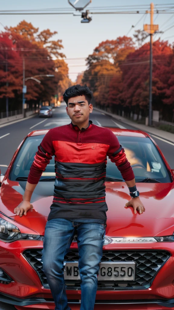 arafed man standing on the hood of a red car, taken with sony alpha 9, candid picture, shot on nikon z9, auto photography, very accurate photo, shot on canon eos r5, shot on canon eos r 5, very very low quality picture, standing in road, very artistic pose, taken with canon 5d mk4