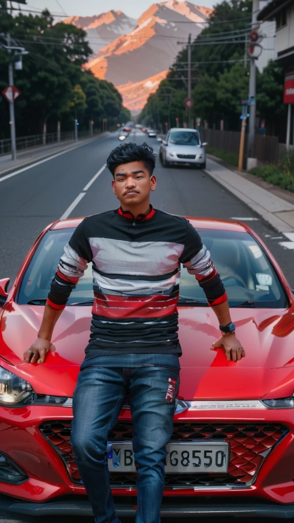 arafed man standing on the hood of a red car, taken with sony alpha 9, candid picture, shot on nikon z9, auto photography, very accurate photo, shot on canon eos r5, shot on canon eos r 5, very very low quality picture, standing in road, very artistic pose, taken with canon 5d mk4