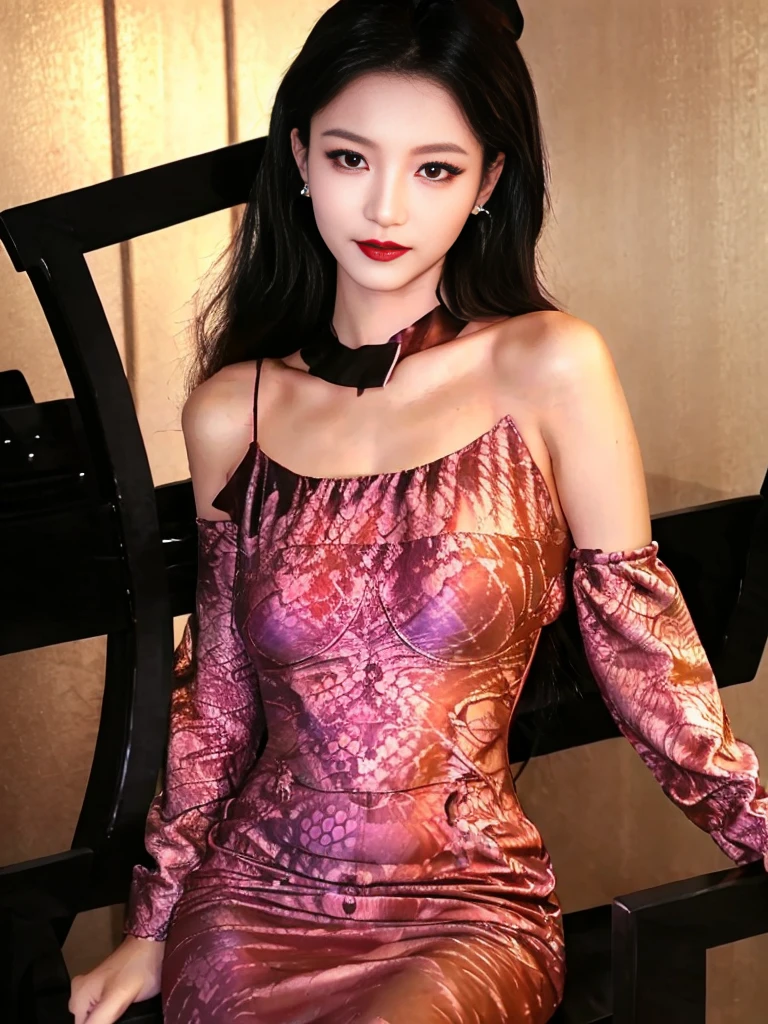 tra-detailed、Japanese、attractive beauty、seductive adult woman、pretty woman、piercing eyes、cool girl、wavy hair、swept bangs、Long Black and Gold Cheongsam、wide sleeves、Evil cadres、evil depravity、brainwash、mind control、lipstick、lip gloss、dark makeup、smirk、whisper in your ear、Evil expression、evil、hollow eyes,half-closed eyes、empty eyes、evil、church at night、vampire、succubus、vampire、Swear allegiance、sexy pose、Off-shoulder,Crop topping,Showing thighs