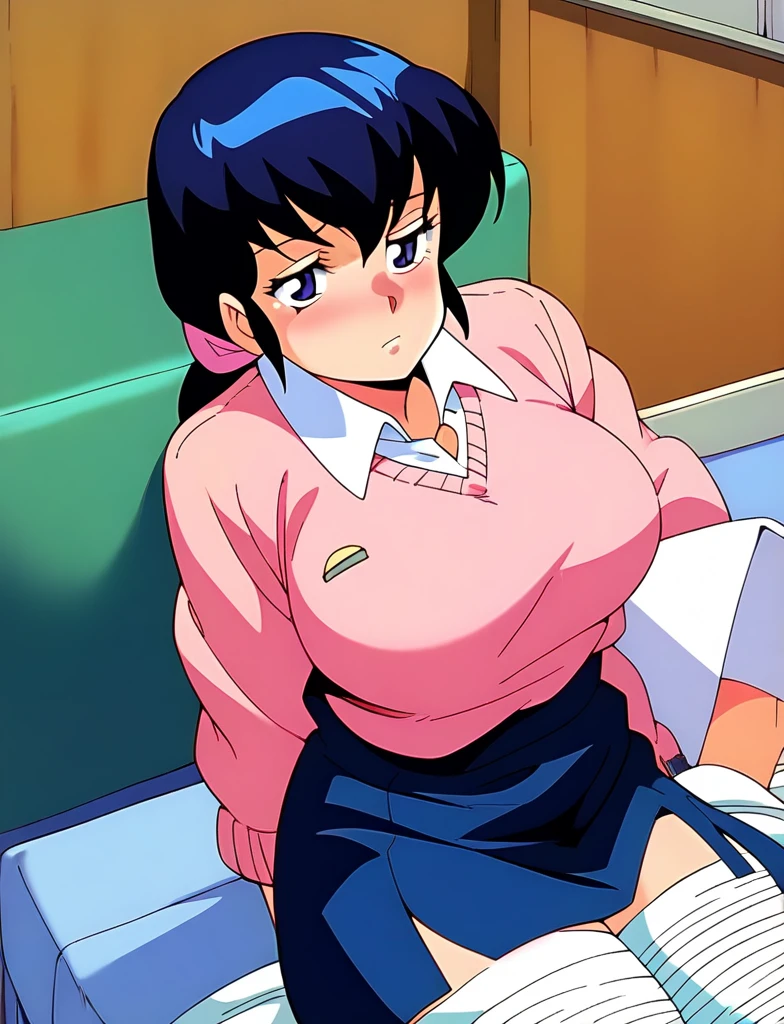 kyoko,score_9,score_8_upper,score_7_upper,sauce_anime,One girl,alone,View your viewers、hospital、Delivery Room、Sitting on the delivery table、Spread your legs、Pink Sweater,White collared shirt,length_skirt,blue skirt,Spread your legs,Lying down,Sad face,:d,arms_behind_return,See a doctor、See a doctor、Panties、