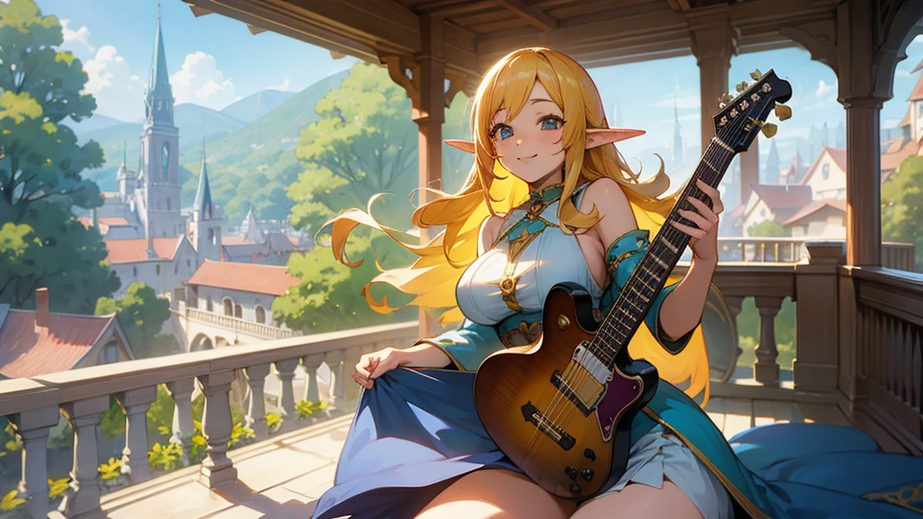 Anime Style,Nostalgic,Detailed background,Magical World,A lively balcony with many people,Smiling bard beautiful elf girl,guitar,Large Breasts,Healthy thighs,Underarm