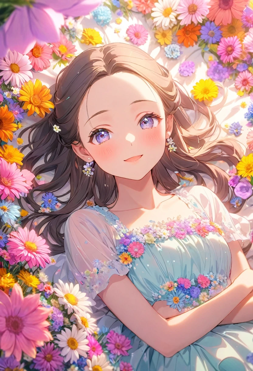 8K,high-res,((ultra detailed face)),Describe a scene in which a beautiful woman character is lying on a bed made by lot of flowers, she is 20 years old,wearing a beautiful dress,. Surround her with colorful flowers.(((big smiling))).((forehead)),pastel theme,kindness,soft focus,soft lighting