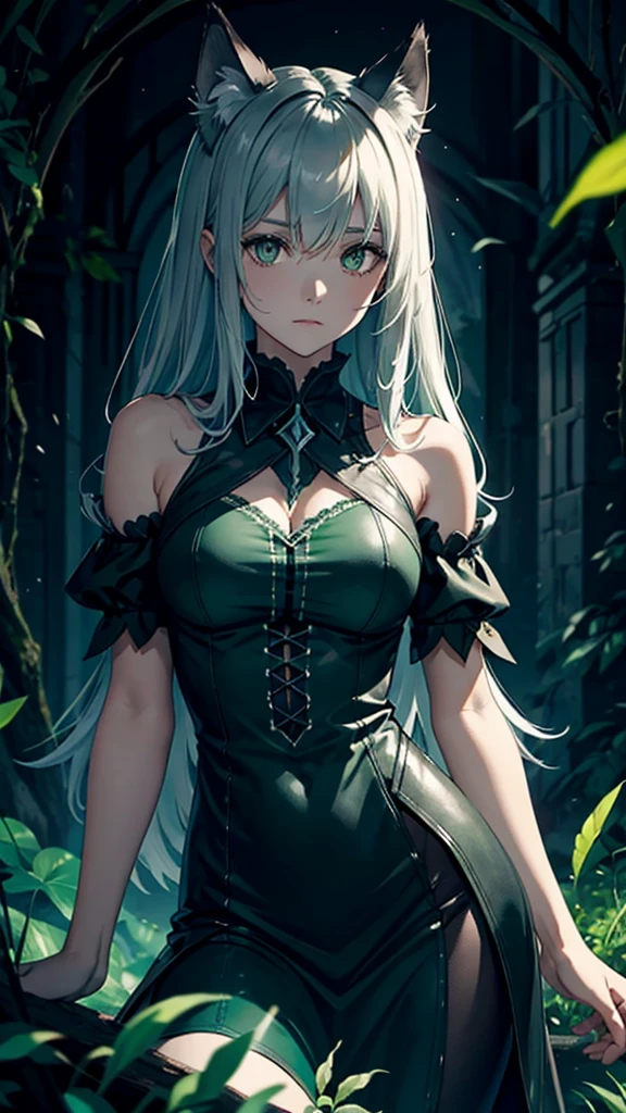 Darkness, one wolf, florest green,