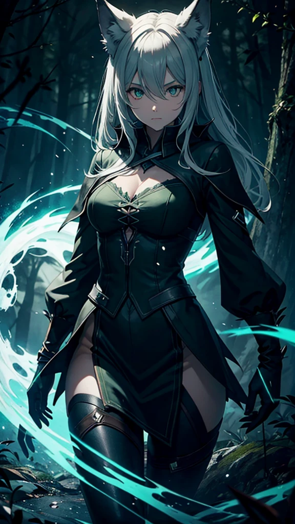 Darkness, one wolf, florest green,  