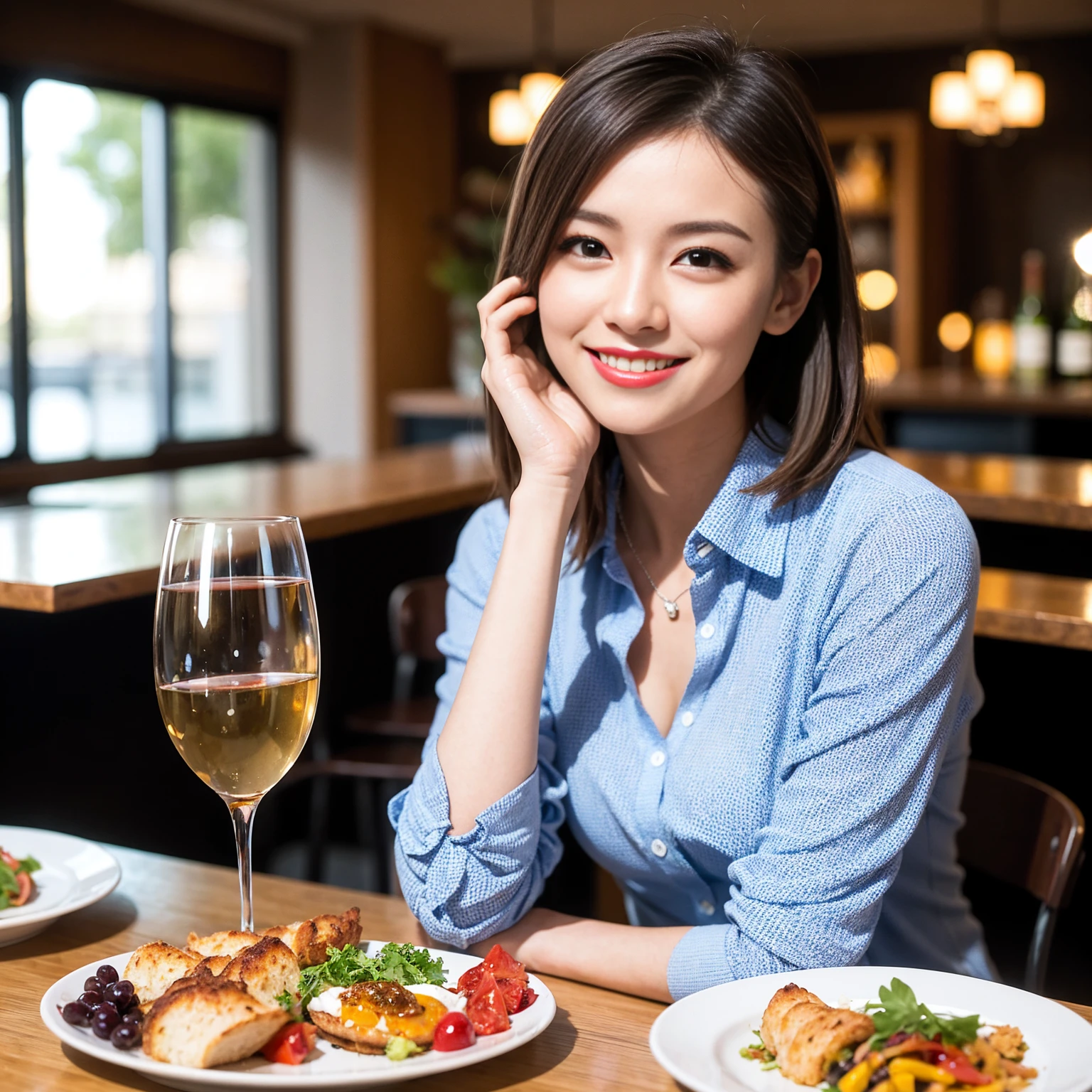 ((Highest quality、8K、masterpiece:1.3))、slimカップル、Pink rubber、modelカップル、(Realistic, Intricate details:1.2), full-course dinner、Wine Party、Amazing view of the sunset sky and clouds、A bright smile、The wonderfulness of smile、Bright image、The beauty of wine, Beautiful Face, blue eyes, The light shines on your face, Blushing, short hair,Bright Face、 (Age 37), 39 years old, red wine 、Appetizers、Italian food、Wine bottle、Champagne、sparkling wine、Two beauties、Brown Hair、Shortcuts、Long sleeve shirt、dress、actress, model, Upper Body, White wine, slim, wine glass, 中央に置かれたwine glass, smile, (smile: 1.15), Beautiful fine grain, Depth f/2,saturation, High Contrast, Strong light and shadow,Moist Body:1.5、3D texture、Delicate eyes、Brown Hair、The hair is very shiny、