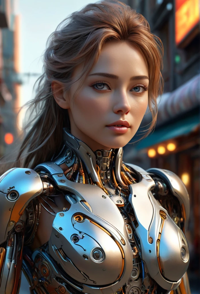 a beautiful woman-robot, sci-fi futuristic city backdrop, intricate mechanical parts seamlessly blended with slender graceful humanoid form, magnificent anatomy and physique, 1/2 body crop, (best quality, 4k, 8k, highres, masterpiece:1.2), ultra-detailed, (realistic, photorealistic, photo-realistic:1.37), HDR, (intricate details:1.12), (intricate details, hyper-detailing:1.15), (natural skin textures, hyper realistic, soft light, sharp:1.2), highly detailed, cinematic lighting, dramatic shadows, vibrant colors, concept art style