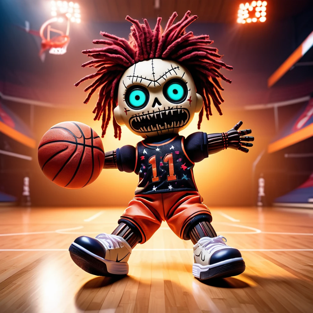 (knitted toy voodoo doll:1.9), (Voodoo plays basketball:1.2), (Clothing: tracksuit with basketball patterns:1.0), (Accessories: enchanted basketball, glowing sneakers, basketball hoop:1.2), (background: sunny basketball court with magical light:1.2), best quality, masterpiece, detailed soft oil painting, detailed background, dramatic cinematic lighting, soft edge lighting, professional, dramatic lighting, hard edge lighting,
ultra quality, 4k,masterpiece, best quality, 8k, ultra highres, highres, extremely detailed