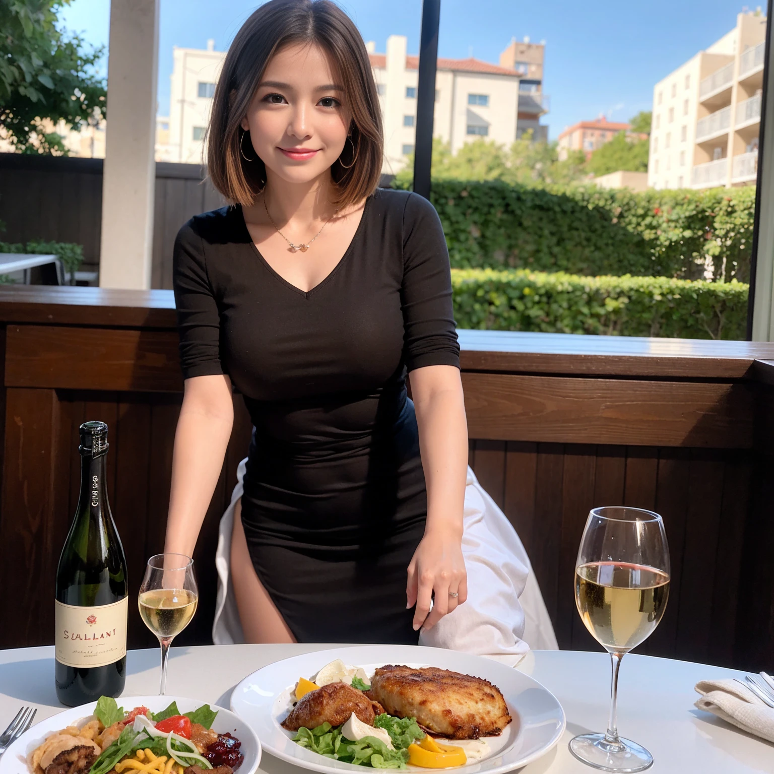 ((Highest quality、8K、masterpiece:1.3))、slimカップル、modelカップル、(Realistic, Intricate details:1.2), full-course dinner、Wine Party、Amazing view of the sunset sky and clouds、A bright smile、The wonderfulness of smile、Bright image、The beauty of wine, Beautiful Face, blue eyes, The light shines on your face, Blushing, short hair,Bright Face、 (Age 37), 39 years old, red wine 、Appetizers、Italian food、Wine bottle、Champagne、sparkling wine、Two beauties、Brown Hair、Shortcuts、Long sleeve shirt、dress、Beautiful woman 1, (slimな顔), (The body is slim), (Brown Hair), (Shortcuts), cheeks turn a little red,Attractive beauty、restaurant, In a prominent place (From the waist up) Nova Frog Style, actress, model, Upper Body, White wine, slim, wine glass, 中央に置かれたwine glass, smile, (smile: 1.15), Beautiful fine grain, Depth f/2,saturation, High Contrast, Strong light and shadow,Moist Body:1.5、3D texture、Delicate eyes、Brown Hair、The hair is very shiny、