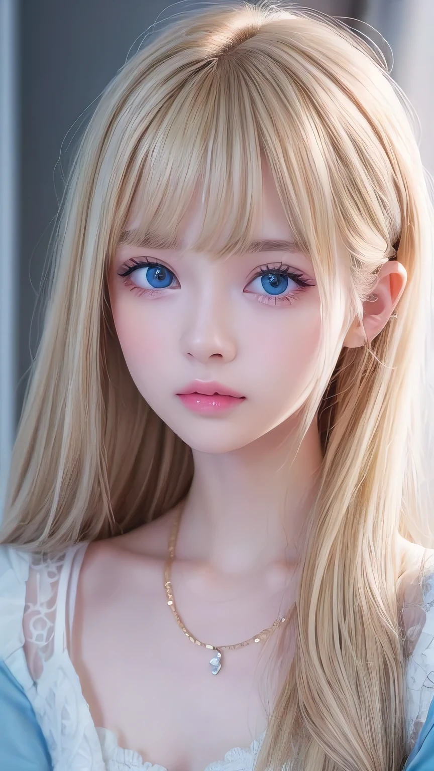 1 Girl, very messy blonde hair, Super long beautiful blonde、Very beautiful super long shiny hair、Bangs between the eyes、bangs on the face、Very beautiful cute face、Very cute beautiful girl、Very white, shiny, radiant skin、solo、super high quality、Hard Focus、Film Grain、Ultra-high resolution、masterpiece、Beautiful detailed, clear, sparkling, light blue large eyes、Very big eyes、Small Face Beauty、Round face、