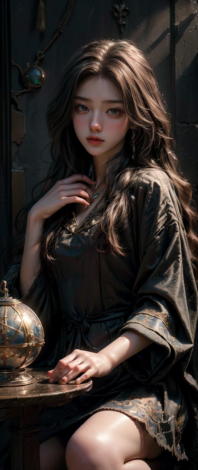 ((Masterpiece, Highest quality, Highest picture quality, high resolution, realistic, raw image, 8K)), 8K, Highly detailed, Exaggerated, movie light, Ambient lighting,The fortune telling crystal ball is on the table., man! In a small dark medieval room, long hair, golden hair,Rowena Ravenclaw School Uniform