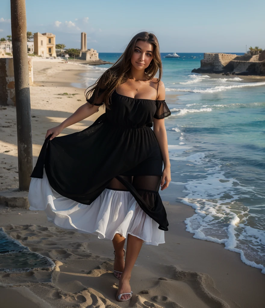 lovely woman, sur les plage de Chypre, nice face, ((white dress)), full body, ((regard face à la caméra)), jolie coprs, smirk, beach and sea, some Greek ruins behind it, big sun, drapeau de Chypre
