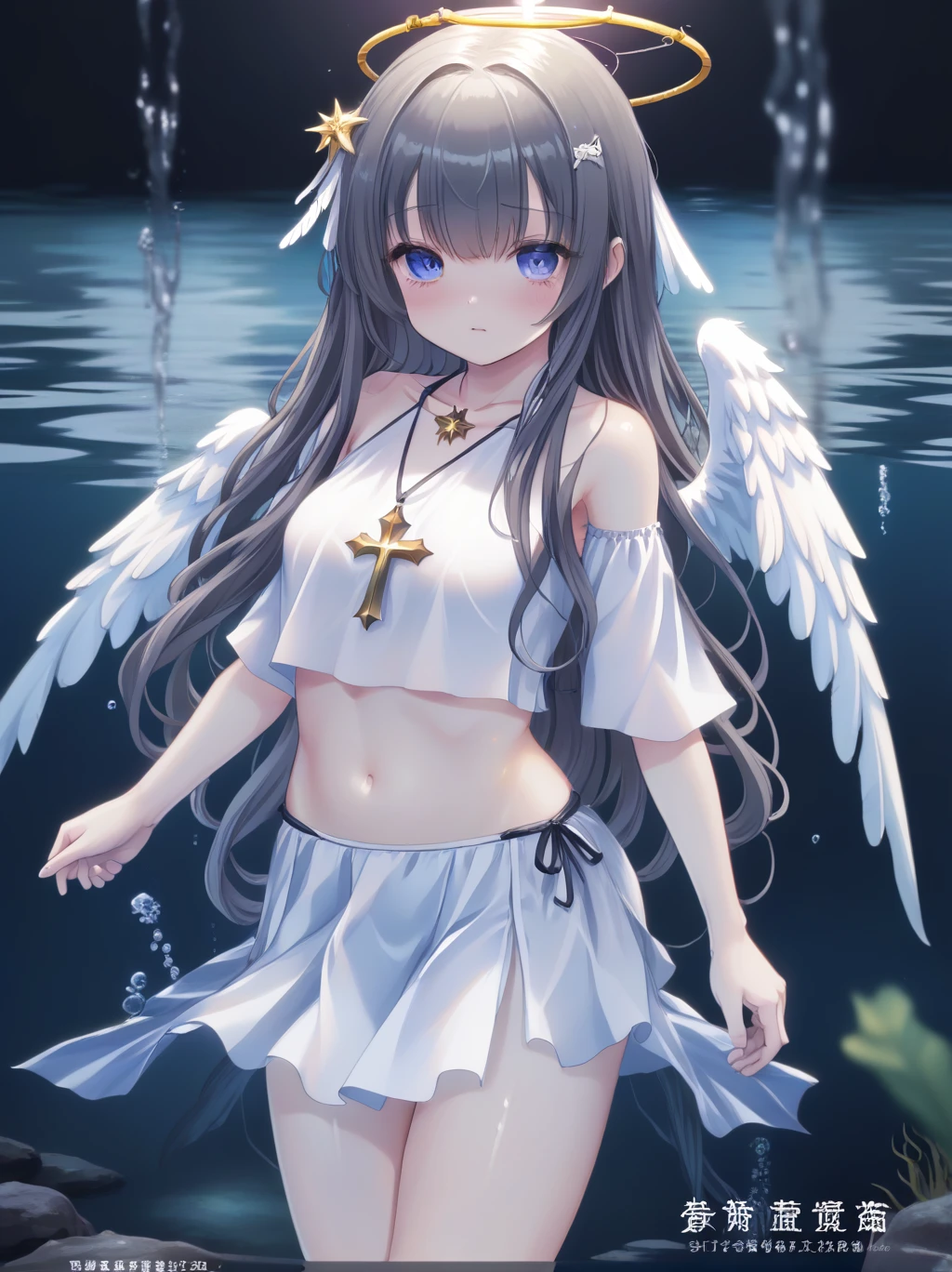 partially underwater, lakeの女神, Long Hair, Wet Hair,
lake,Dark Background, Blurred Edges,8-year-old、Flat Chest、skirt、Above the water line from the neck、Corpses in the water, Underwater Photography、浮力でskirtがめくれる、Angel Halo