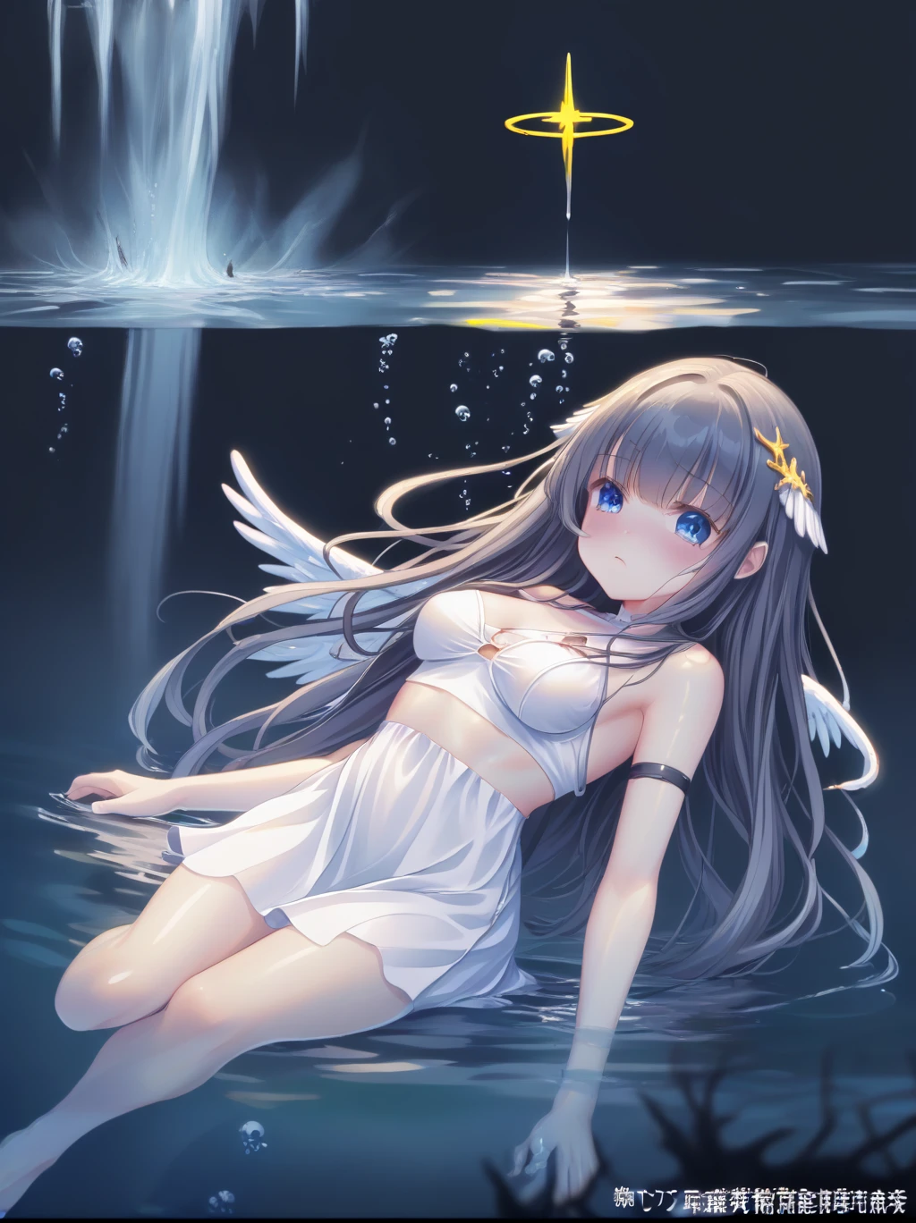  partially underwater, lakeの女神, Long Hair, Wet Hair,
lake,Dark Background, Blurred Edges,8--old、t Chest、skirt、Above the water line from the neck、Corpses in the water, Underwater Photography、浮力でskirtがめくれる、Angel Halo