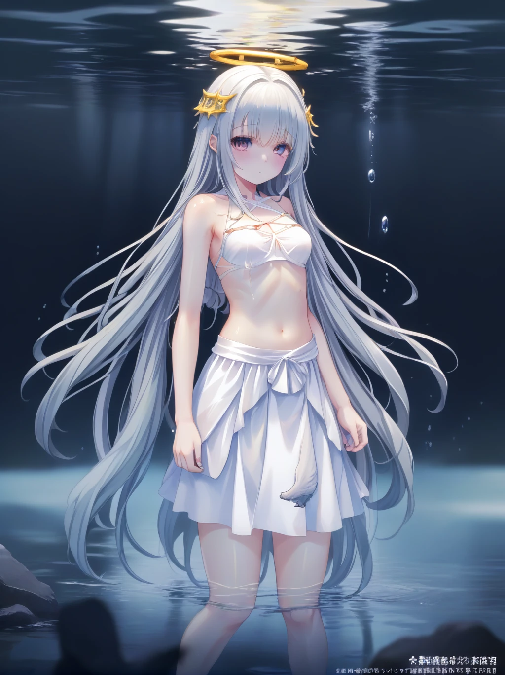 partially underwater, lakeの女神, Long Hair, Wet Hair,
lake,Dark Background, Blurred Edges,8-year-old、Flat Chest、skirt、Above the water line from the neck、Corpses in the water, Underwater Photography、浮力でskirtがめくれる、Angel Halo