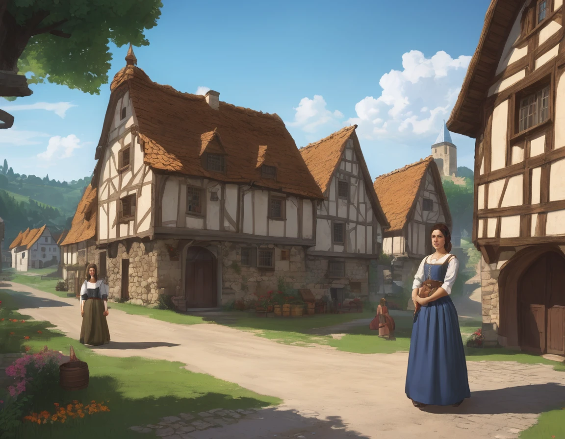 Medieval village, village houses in foreground, manor in background, villager in foreground, young woman, huge breasts, simple clothes