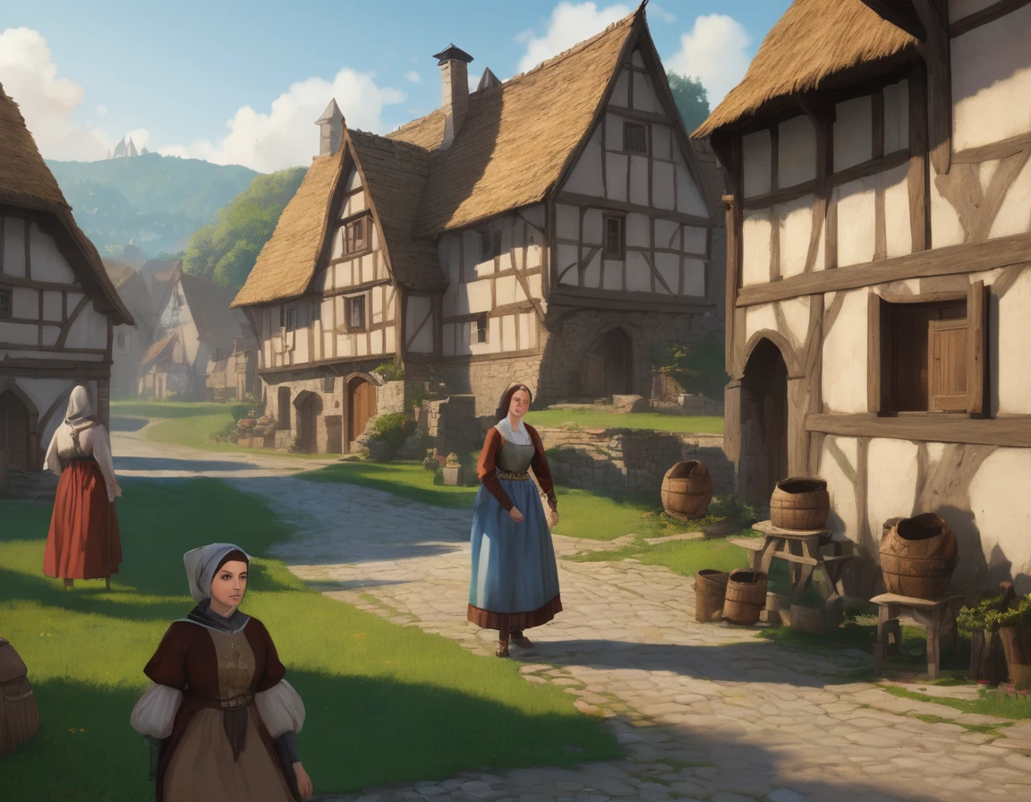 Medieval village, village houses in foreground, manor in background, villager in foreground, young woman, huge breasts, simple clothes