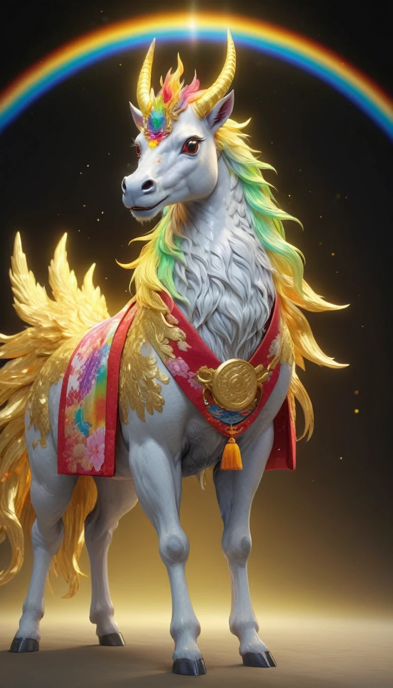 Golden Kirin, 8K resolution, （Looking forward：1.8）, （Facing forward:1.8）, A rainbow-colored halo shines, Shining, Only the upper body is visible, It has the head of a kirin and is wearing a kimono, Fortune telling, spiritual, 