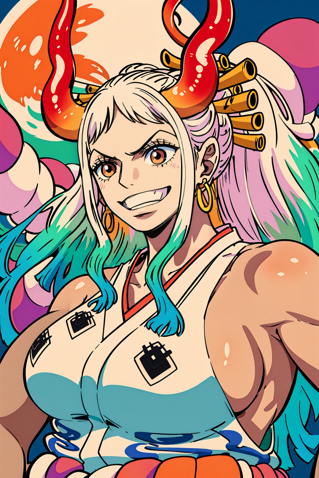 ultra realistic 8k cg, masterpiece, ((ultra detailed background, delicate pattern, intricate detail)), (highly detailed, fine details), best quality, (photorealistic:1.4),beautiful lighting,  absurdres, RAW photo, film grain, ((Big breasts, Masculine girl)), Yamato, long hair, 1girl, horns, white hair, solo, oni, red horns, curled horns, hair ornament, (multicolored horns), jewelry, earrings, japanese clothes, kimono, hair stick, sleeveless, bare shoulders, aqua hair, sidelocks, hoop earrings, hakama, smile, wide smile, ((orange eyes, Masculine girl, Big breasts)), (complex detailed background, barren land, moon, portrait, close-up)
