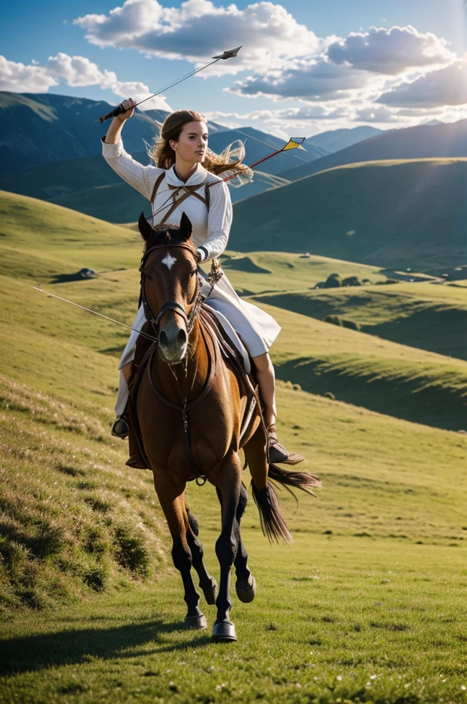 A white woman riding a horse, carrying a bow and arrow, running across the grassy hills, the wind blowing her hair.