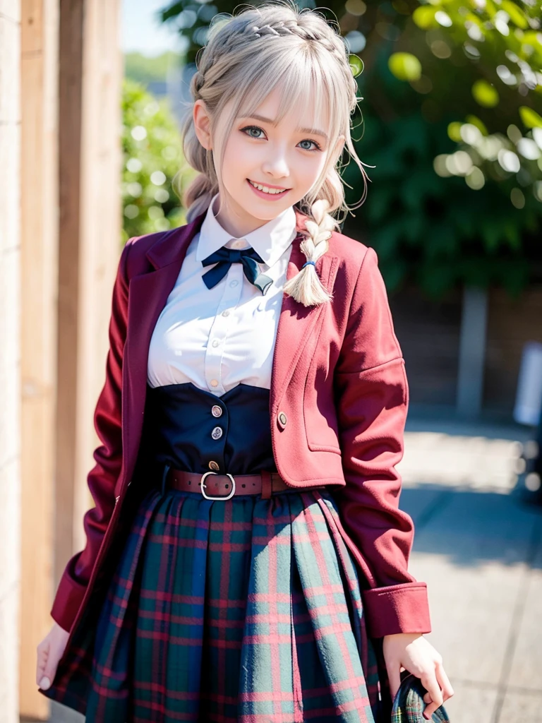 (ultra-detailliert), Tartan check jacket,high-school uniform、Blue eyes,The upper part of the body、a closeup、faces、(A smile:1.5),(facing front:1.2), 20yr old, teens girl,no tail,(no tail),2D, masterpiece, top-quality, animesque, A detailed eye, A detailed face, girl with, Only 1 person,Silver medium hair, (Silvery head hair), Ear Hair, , Single braid, (Single braid), (Side braid), Pink ribbon, Ribbon around the neck, Background bokeh