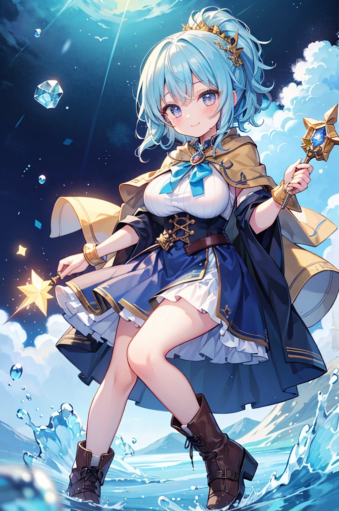 Fantasy,((Masterpiece)),((high resolution)),((Best Quality)),Anime illustration,((1girl)),(wavy hair),(short hair),(pale blue hair color),small ponytail,headband,Indigo eyes,(Big round eyes),((tareme)),,((baby face)),ig breasts))),Short stature,Young,(loli),,ice wizard,sleeless white blouse,Blue mini skirt,slit,Brown corset,brown capelet,smile,,Brown long boots,wizard's wand with blue gem,