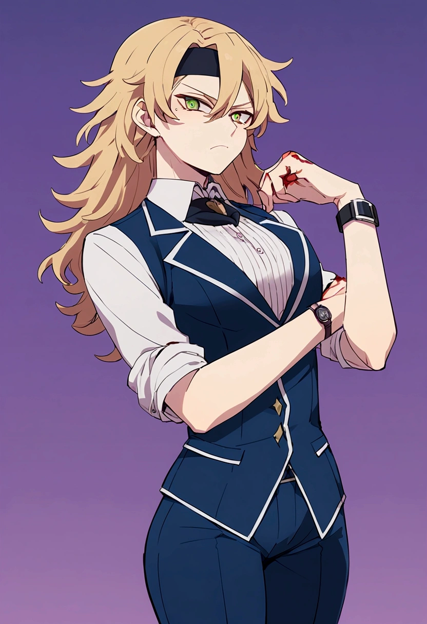 A 19 year old boy, To stay (black clover), spiky hair, messy hair, hair between eyes, green eyes, black headband, thin arms, upset expression, Un chaleco blue suit with fine stripes, Una camisa de vestir azul claro con las mangas remangadas hTo stay los codos, Pants matching the vest, blue suit with fine stripes, He wears a watch on his left wrist, You can see many tattoos on the forearms, elegant and casual clothing, epic hike, blood on more hands, alone, purple background