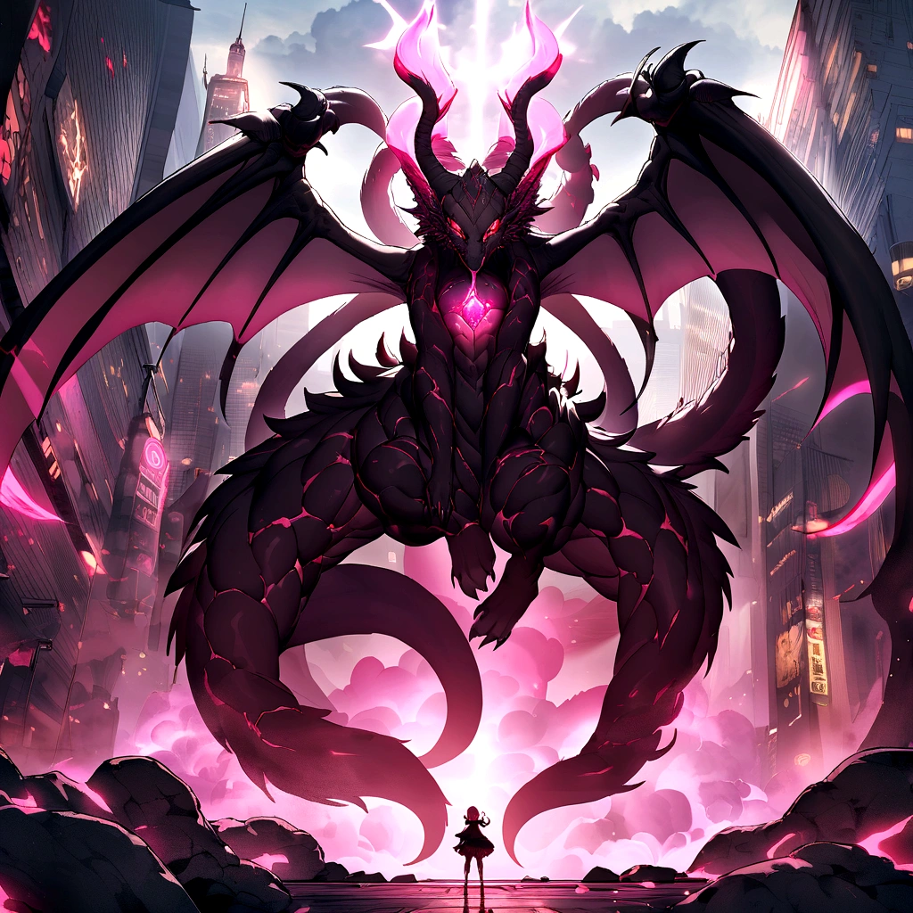 A huge beast with red eyes shaped like a dragon created by means of a black mass, red eyes and 4 tails. It is located in a city being higher than the city, She is two years old made of pink energy and in her mouth she carried an immense ball of black energy.