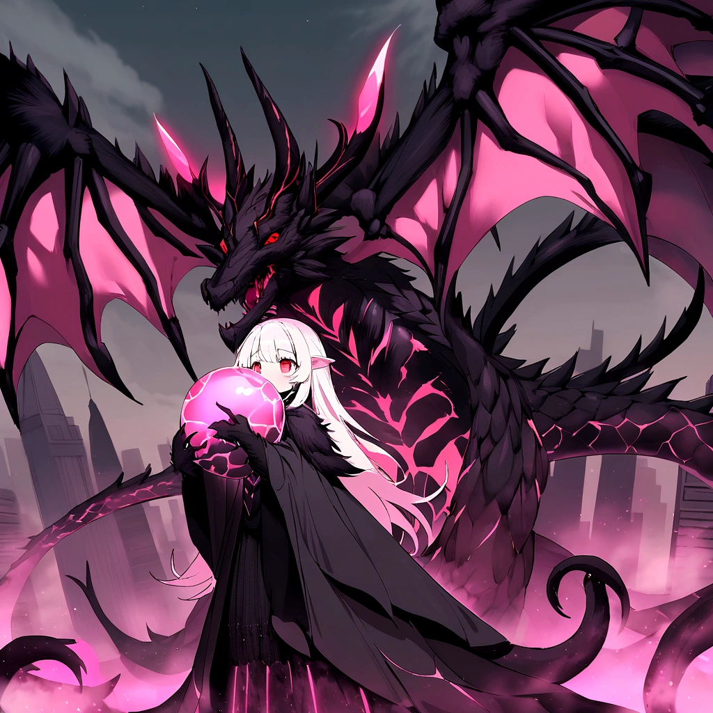 A huge beast with red eyes shaped like a dragon created by means of a black mass, red eyes and 4 tails. It is located in a city being higher than the city, She is two years old made of pink energy and in her mouth she carried an immense ball of black energy.