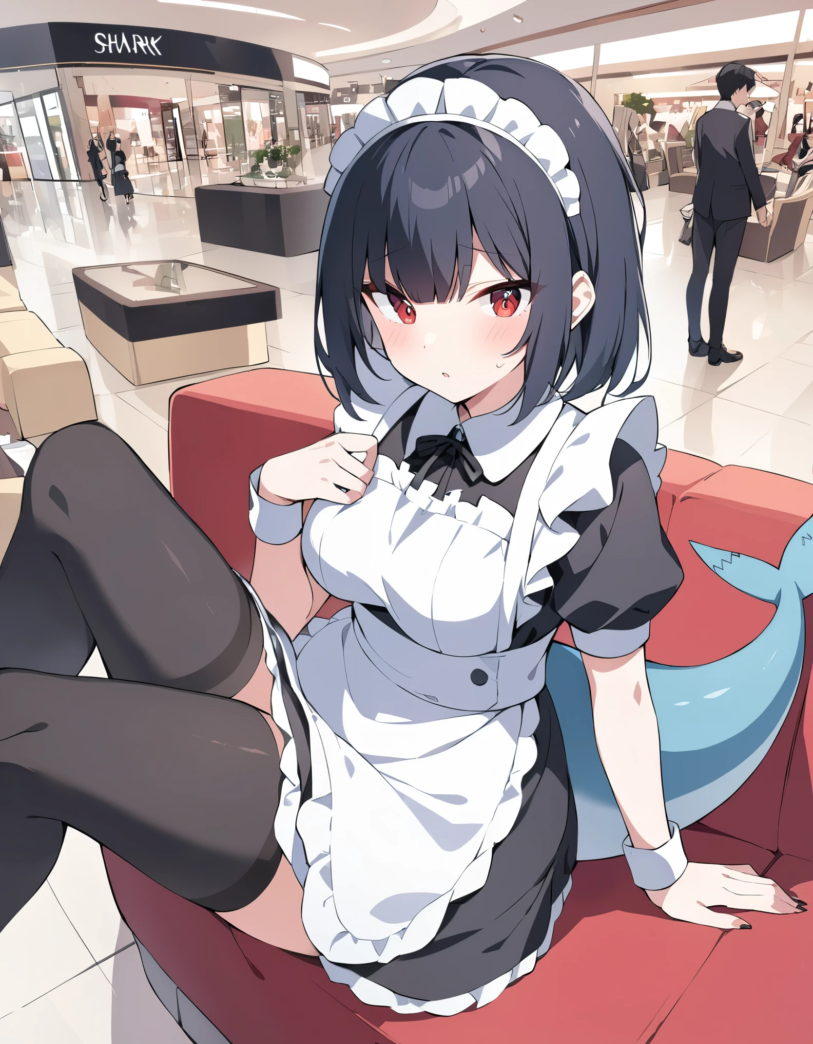 a red-eyed woman with short black hair, wearing a maid uniform, black stockings, shark tail，Sitting on the sofa in the mall