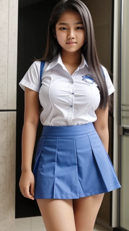  Indonesian high school woman, long hair, white skin, fat, big breasts, sexy, wearing a white short shirt, blue grey short skirt, long legs, Indonesian high 