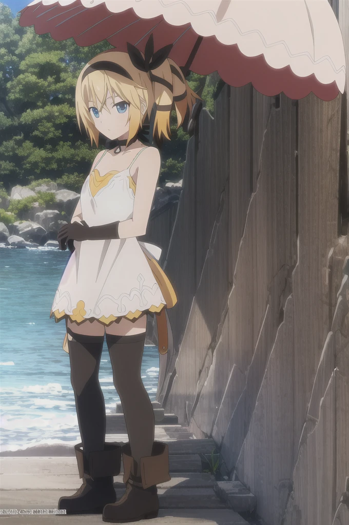 ((masterpiece)),((Highest quality)),Super detailed,Awareness-raising,Explicit,beautiful body,beautiful Nose,beautiful character design,Perfect Eyes,Perfect Face,wallpaper,Ultra-high resolution,4K,photograph,(beautiful,Small breasts:1.2),(beautiful顔:1.2),Beautiful feet,Perfect Legs,Shiny skin,Official Style,Browsing Caution,Official Art,Make a screen cap,Anime Coloring,
One girl,alone,umbrella,Blonde,short hair,choker,Side Ponytail,ribbon,blue eyes,black choker,gloves,leg ribbon,片手gloves,hair band,whole body,hair ribbon,dress,View your viewers,tress ribbon,boots,Are standing,white dress,skirt,clavicle,Beach,Outdoor,Day,
