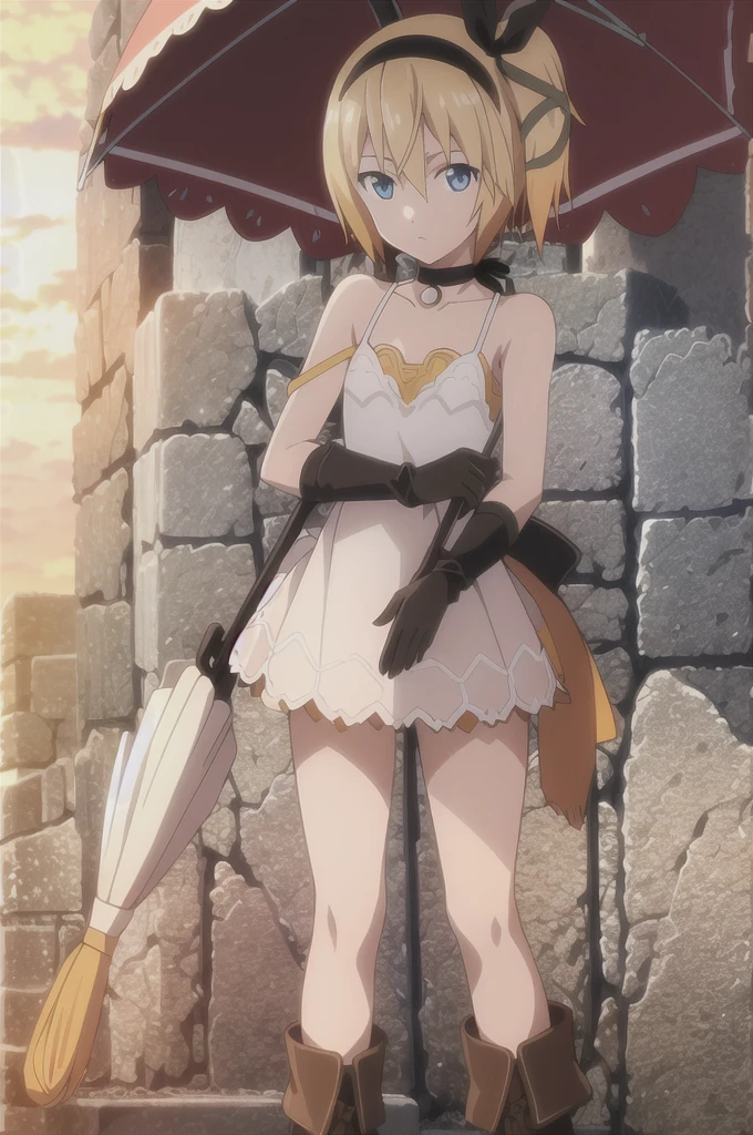 ((masterpiece)),((Highest quality)),Super detailed,Awareness-raising,Explicit,beautiful body,beautiful Nose,beautiful character design,Perfect Eyes,Perfect Face,wallpaper,Ultra-high resolution,4K,photograph,(beautiful,Small breasts:1.2),(beautiful顔:1.2),Beautiful feet,Perfect Legs,Shiny skin,Official Style,Browsing Caution,Official Art,Make a screen cap,Anime Coloring,
One girl,alone,umbrella,Blonde,short hair,choker,Side Ponytail,ribbon,blue eyes,black choker,gloves,leg ribbon,片手gloves,hair band,whole body,hair ribbon,dress,View your viewers,tress ribbon,boots,Are standing,white dress,skirt,clavicle,Beach,Outdoor,Day,