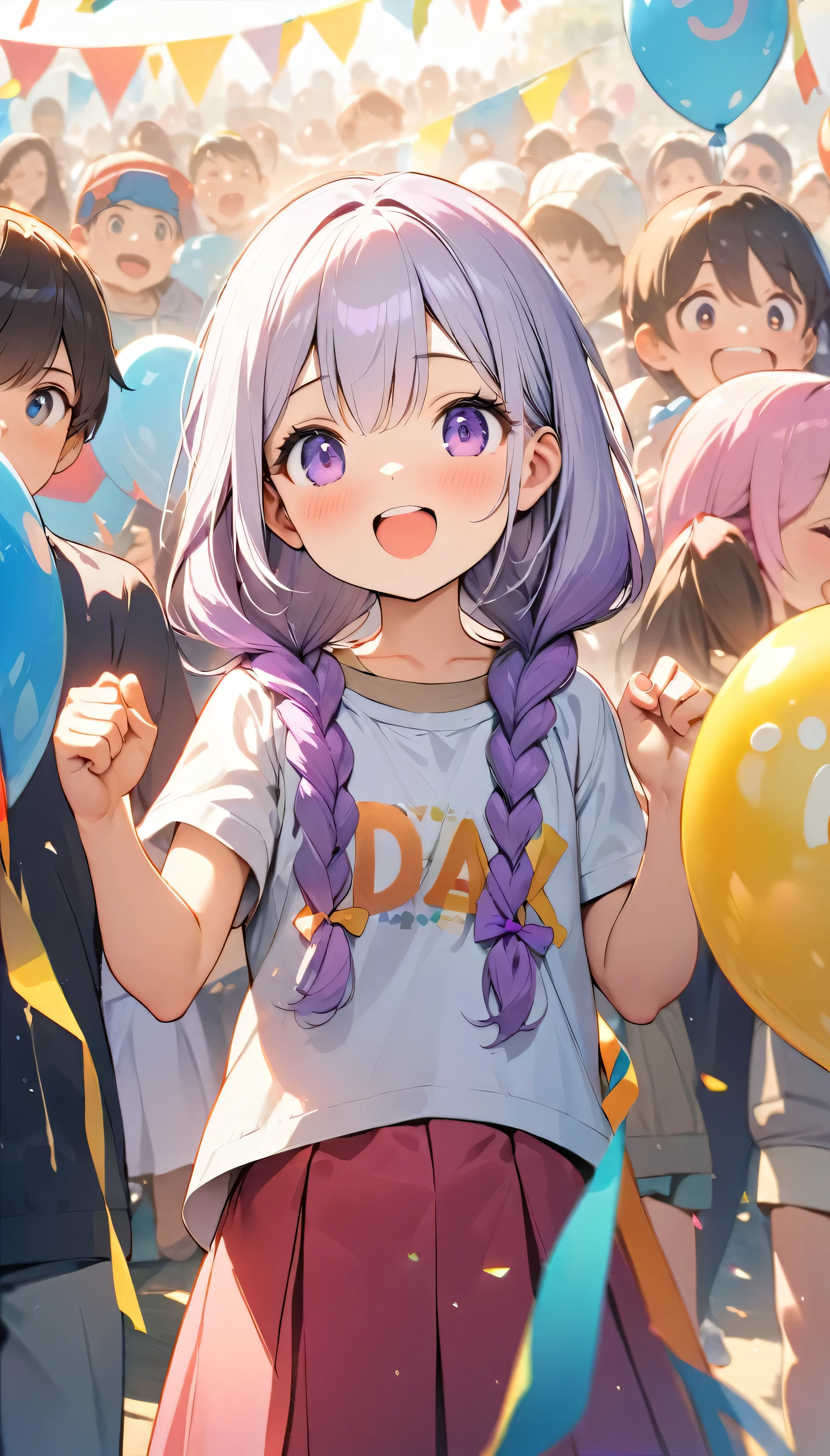(Best quality, 8K, 32k, masterpiece, Ultra HD:1.3), (Children's Day illustration), Two children in casual sportswear cheering with hands raised in a square, yinji, Purple Hair, Purple Eyes, Long hair, White hair, Double braid, Gradient hair, Bright and warm, There are streamers and balloons everywhere., Crowd cheering. Characters make up only a small part of the picture.