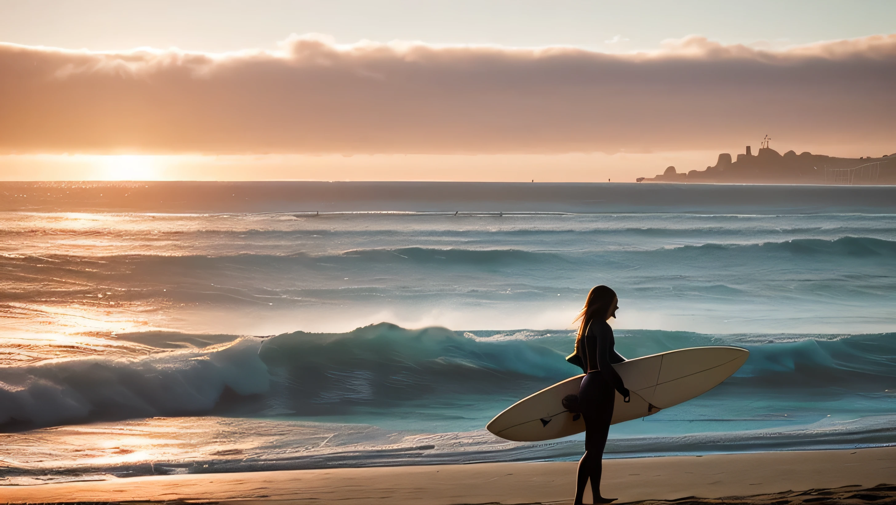 "Create an image depicting a female vocalist walking along the coastline of San Francisco at sunset, with surfboards in the background. Capture the scene where the ocean breeze gently tousles her hair."