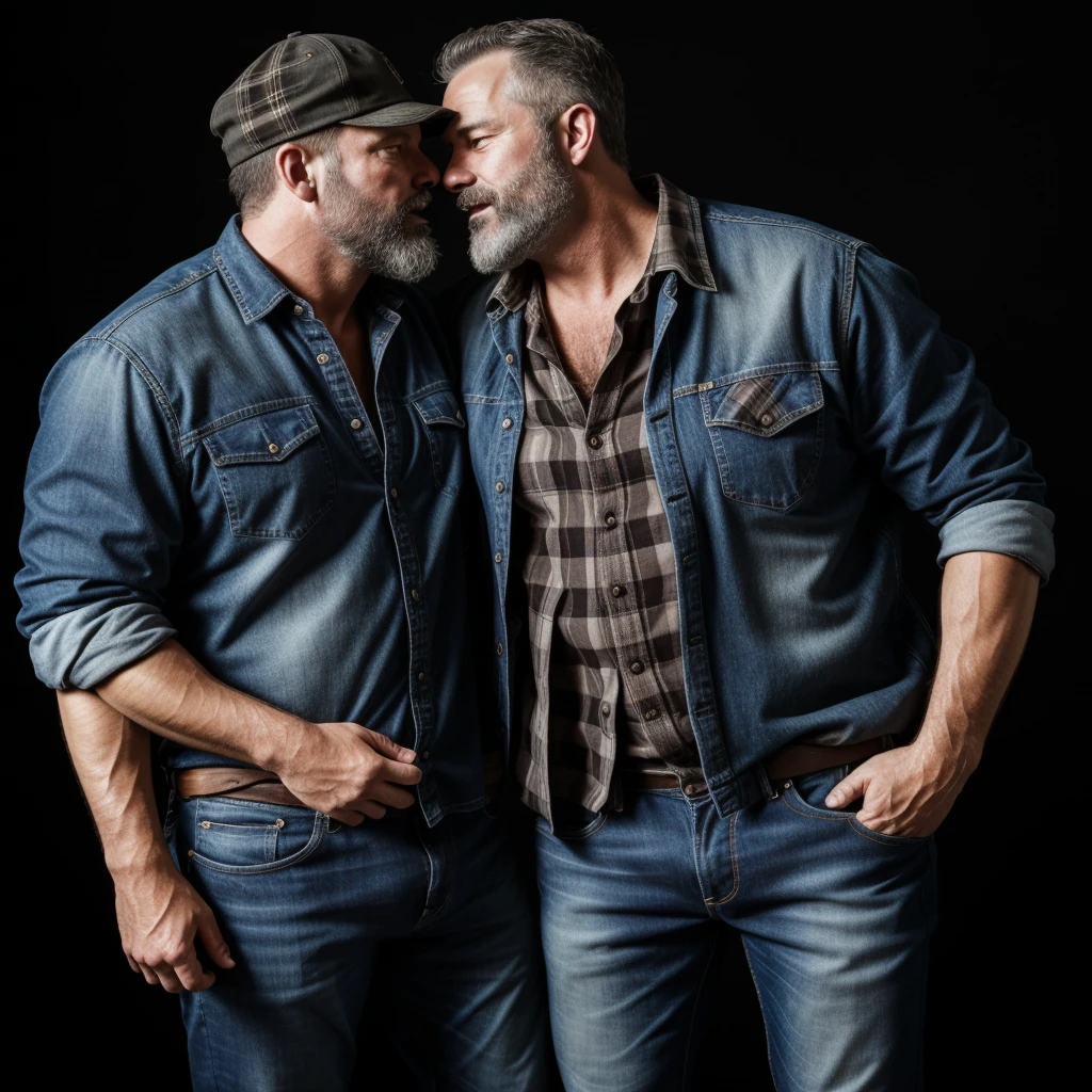 "8KUHD Create a professional studio-style photograph featuring two middle-aged, burly, and rugged men in lumberjack attire. They have beards, caps, checkered shirts, and worn-out jeans. They are kissing each other, their faces almost close, mouths glued together , in a romantic and virile scene. Utilize all appropriate lighting techniques for studio photography. The background should be black." HDR