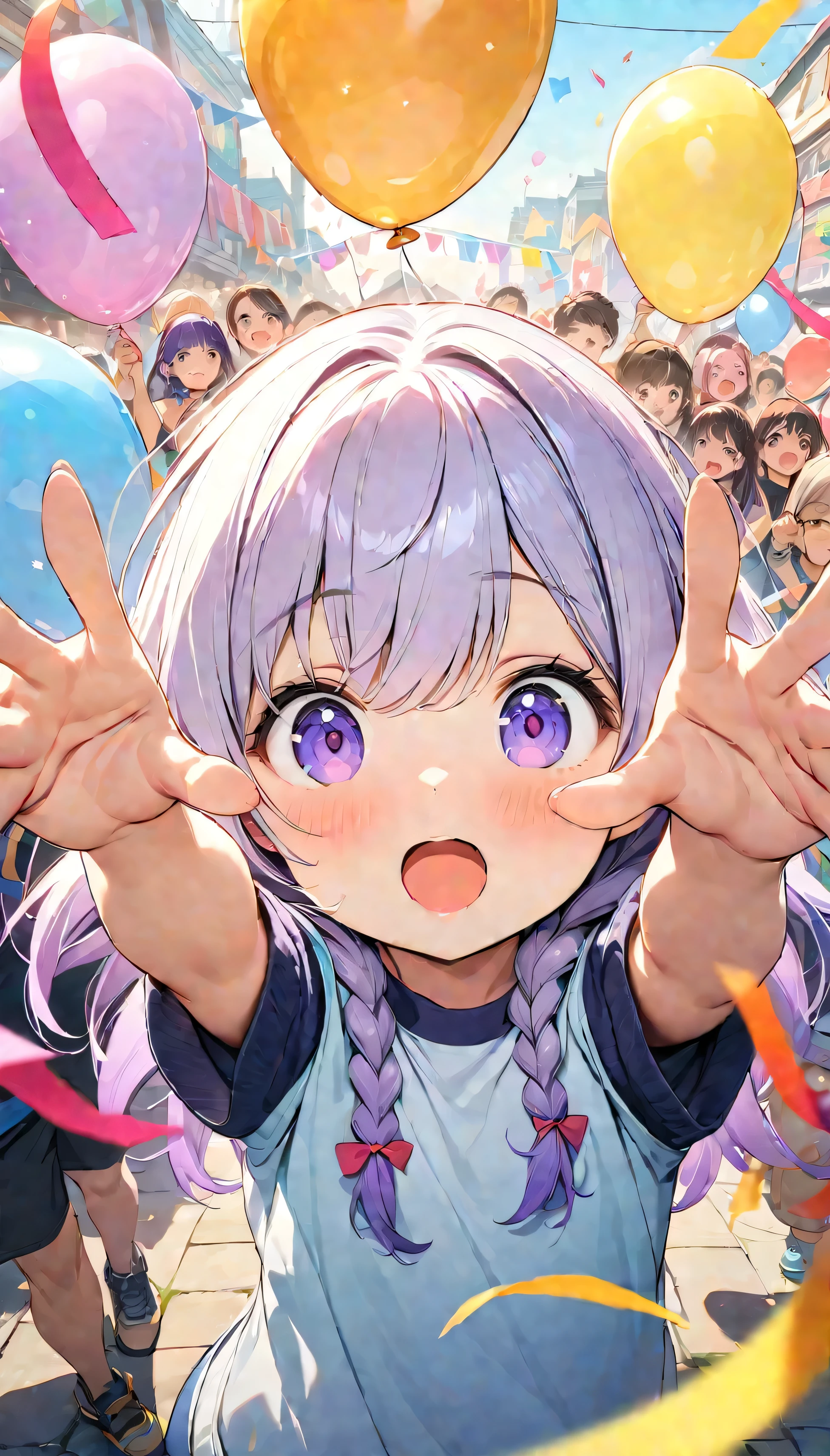 (Best quality, 8K, 32k, masterpiece, Ultra HD:1.3), (Children's Day illustration), Two children in casual sportswear cheering with hands raised in a square, yinji, Purple Hair, Purple Eyes, Long hair, White hair, Double braid, Gradient hair, Bright and warm, There are streamers and balloons everywhere., Crowd cheering. Characters make up only a small part of the picture.