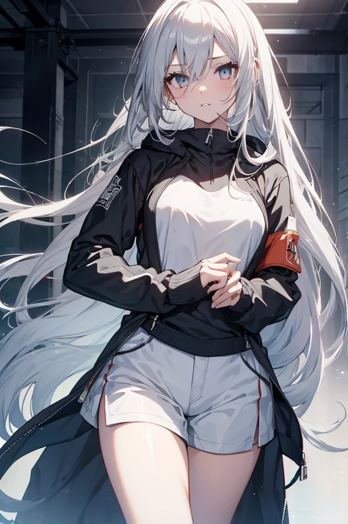 1girl, {Solitary}, Upper Body ,{{ {Watching at viewer}}}, Arms at your sides, Concept Art, white Background, simple Background, White hair, Silver gradient hair , Composite cloth, Asymmetrical clothes, Virtual YouTuber, best quality, masterpiece, Dynamic Angle, guilty gear, guilty gear, guilty gear, cowboy_shooting, Watching_Back, grab, girl,Miss,woman, young,20 years old, Very long hair, Hair Flip, Silver Hair, Flowing hair, Ahog, giggle, Beautiful and delicate golden eyes, teeth, Moderate_breast, Blonde eyes, White skin, hoodie, Black_shorts, Gray clothes, transparent_Background, Backlighting, absurd, high resolution, Extremely detailed,sweater