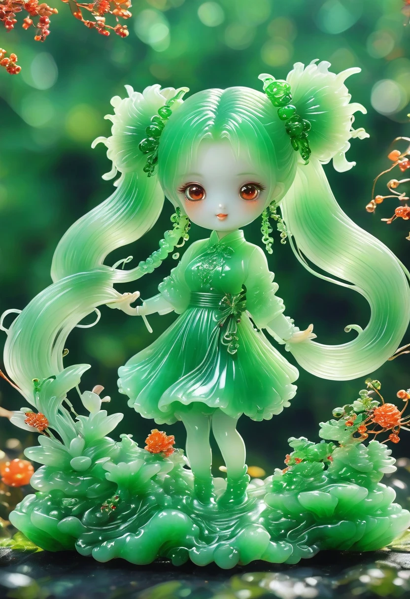 best quality, very good, 16K, ridiculous, Very detailed, Gorgeous(((Twin Tails 1 Girl 1.3))),Made of translucent jadeite, Background grassland((A masterpiece full of fantasy elements))), ((best quality)), ((Intricate details))(8K)