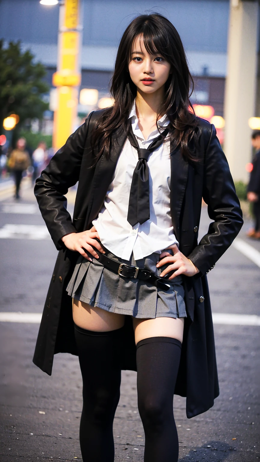 (8K、RAW Photos、Highest quality、masterpiece:1.2)、(Realistic、Realistic)、1 Girl、((Check mini skirt、Long coat、Medium Hair、black、Thin legs、whole body、boots、blackいコート、one piece、tights、Night Park、View from the front、Looking into the camera、belt、Stand with hands on hips))、cute