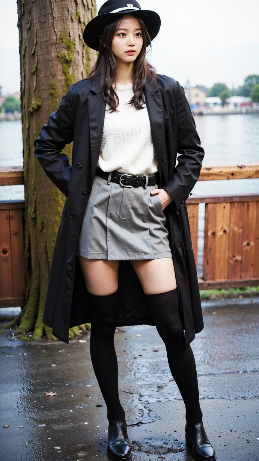 (8K、RAW Photos、Highest quality、masterpiece:1.2)、(Realistic、Realistic)、1 Girl、((Check mini skirt、Long coat、Medium Hair、black、Thin legs、whole body、boots、blackいコート、one piece、tights、Night Park、View from the front、Looking into the camera、belt、Stand with hands on hips))、cute