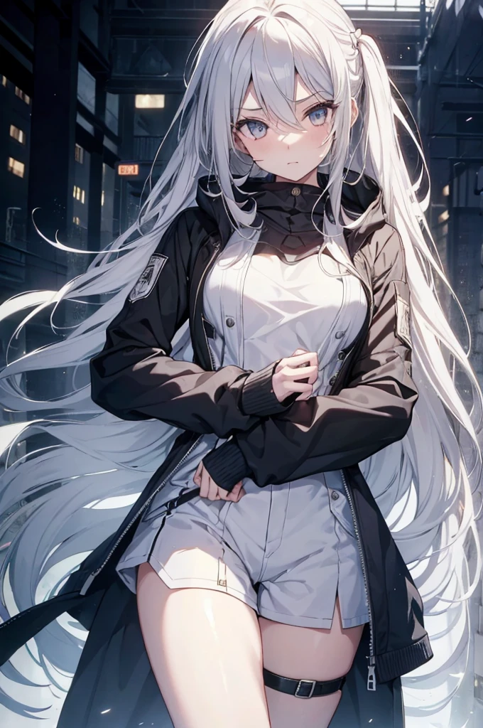 1girl, {Solitary}, Upper Body ,{{ {Watching at viewer}}}, Arms at your sides, Concept Art, white Background, simple Background, White hair, Silver gradient hair , Composite cloth, Asymmetrical clothes, Virtual YouTuber, best quality, masterpiece, Dynamic Angle, guilty gear, guilty gear, guilty gear, cowboy_shooting, Watching_Back, grab, girl,Miss,woman, young,20 years old, Very long hair, Hair Flip, Silver Hair, Flowing hair, Ahog, giggle, Beautiful and delicate golden eyes, teeth, Moderate_breast, Blonde eyes, White skin, hoodie, Black_shorts, Gray clothes, transparent_Background, Backlighting, absurd, high resolution, Extremely detailed,sweater