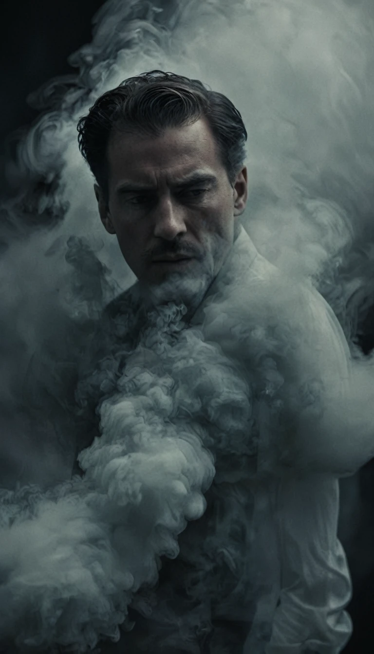 ethereal photo of the face of a man looking to the right, emerging from swirling strokes of smoke and vapors, style of Peter Lindbergh, intricate artwork masterpiece, ominous, golden ratio, intricate, epic, trending on artstation, highly detailed, vibrant, production cinematic character render, ultra high quality model