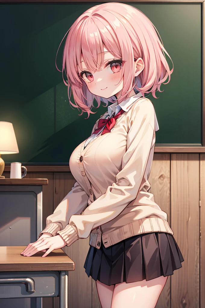 Fantasy,((Masterpiece)),((high resolution)),((Best Quality)),Anime illustration,(((1girl))),,(wavy hair),(short hair),(pale pink hair color),small ponytail,Red eyes,(Big round eyes),((tareme)),,((loli face)),ry big breasts)),Sh,Young,,,cardigan,mini skirt,smile,Ladylike,classroom,Panty shot,