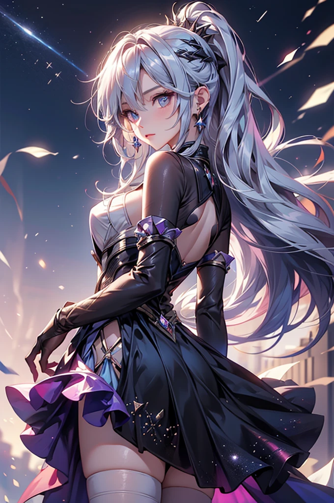 (masterpiece:1.5, Highest quality, Very detailed、 Dutch Angle、Realistic、Fantasy)(One girl, alone)(White and beautiful hair:1.4,,Straight Long Hair)(White based dress, zettai ryouiki)、((medium breasts))(from backside)(Beautiful starry sky、Mystical Night、Particles of light float around the woman、Fantasyな空間)Kiana Kaslana