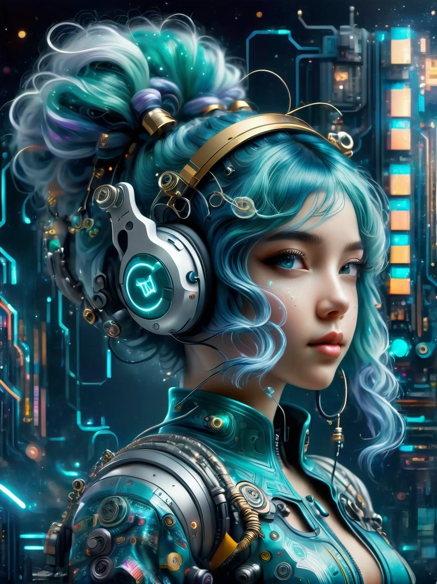A young woman with teal blue hair styled in twin pigtails. She is wearing a futuristic outfit comprised of an electronic-themed dress. Her headband consists of a square design emblem with ribbons dangling from it. The color palette includes shades of teal, black, and white, with an overall colorful and vibrant tone.