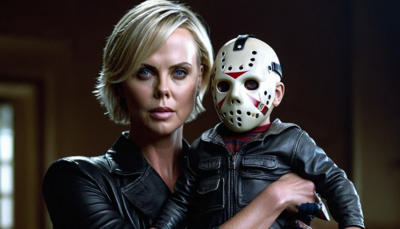 ((Charlize Theron)) holding little Jason Voorhees in his arms, super realistic, maximum quality, Photorealism, Foreground,