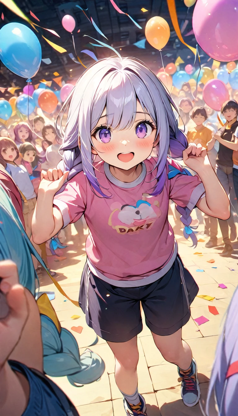 (Best quality, 8K, 32k, masterpiece, Ultra HD:1.3), (Children's Day illustration), Two children in casual sportswear cheering with hands raised in a square, yinji, Purple Hair, Purple Eyes, Long hair, White hair, Double braid, Gradient hair, Bright and warm, There are streamers and balloons everywhere., Crowd cheering. Characters make up only a small part of the picture.
